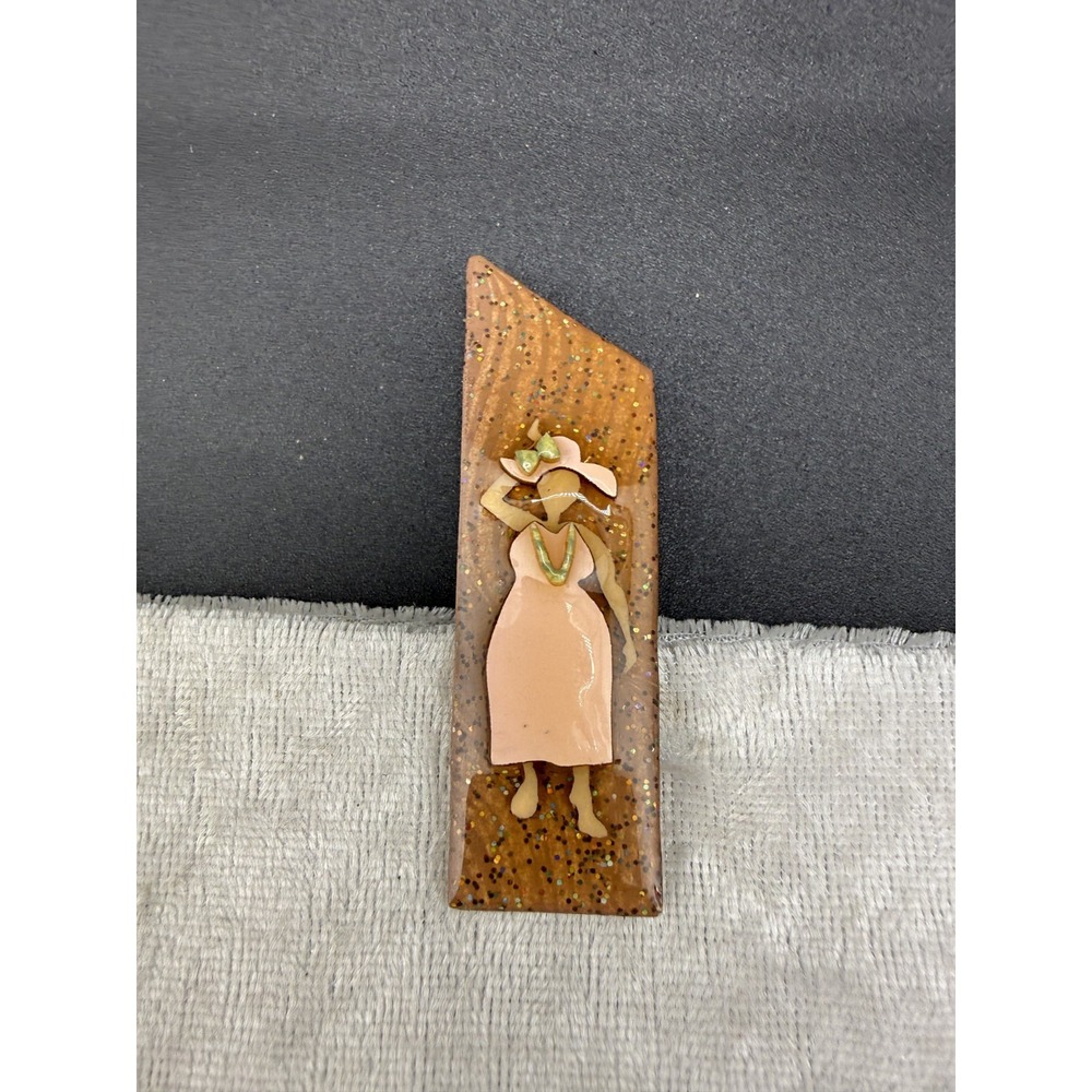 Vintage Lucinda Woman Pin Pink Dress Hat Glitter Resin Art Brooch